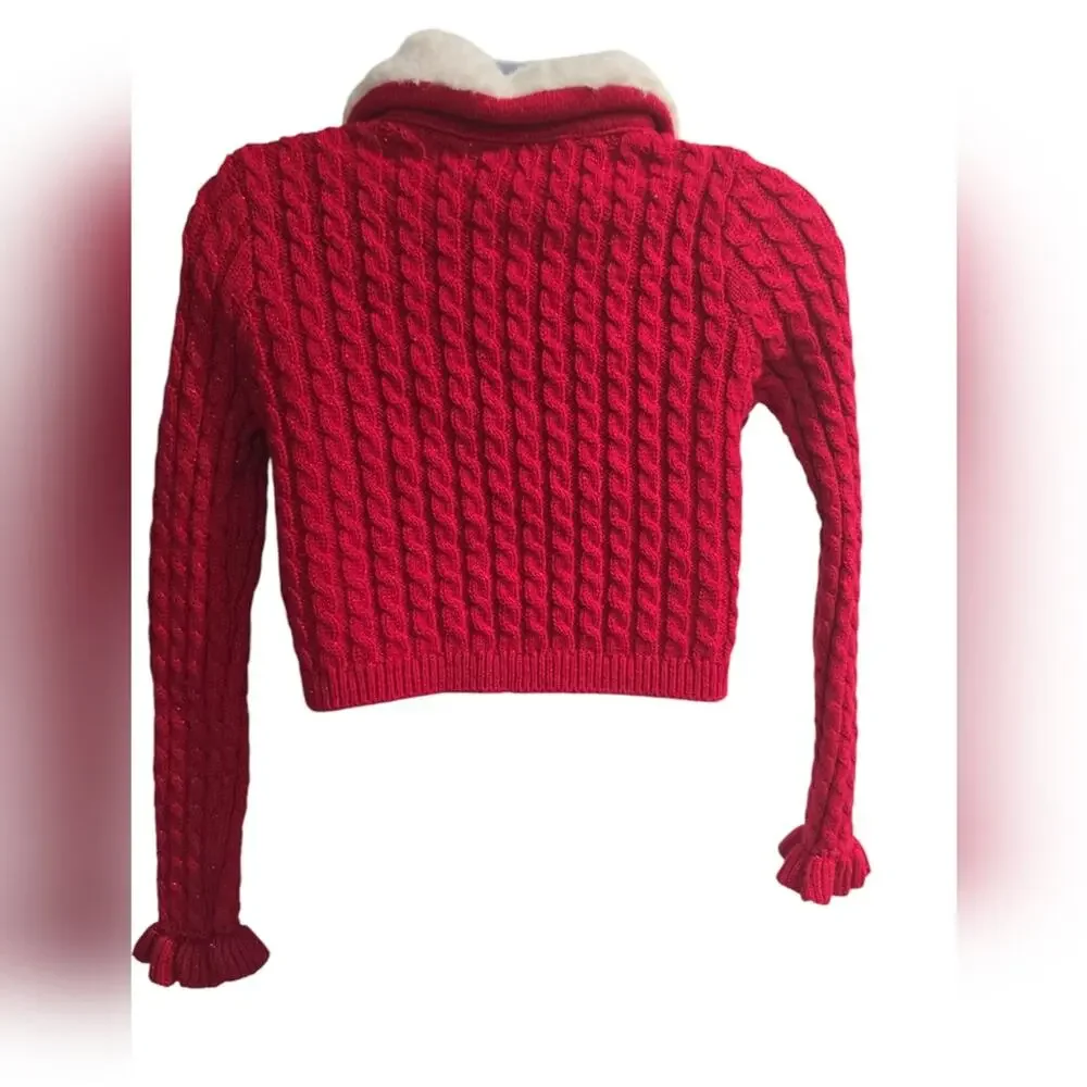 Tahari Red Cable Sweater With Faux Fur Collar
